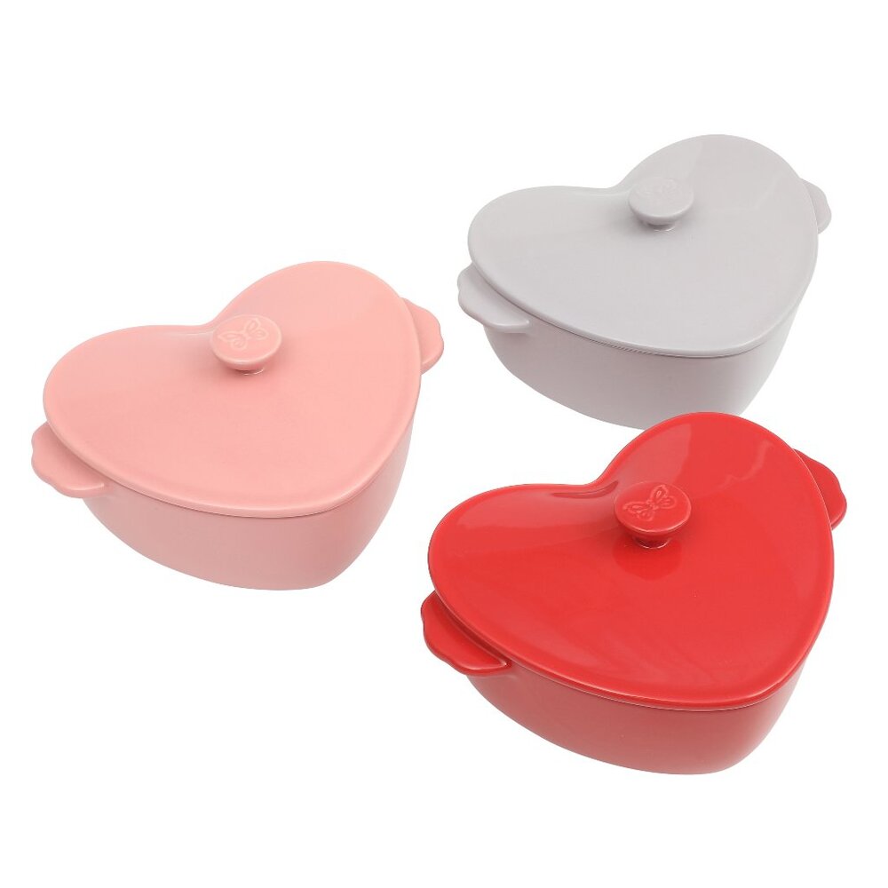 Pioneer Woman Mini Hearts Casserole Ceramic Baking Dish W Lid 3Pcs Cocotte